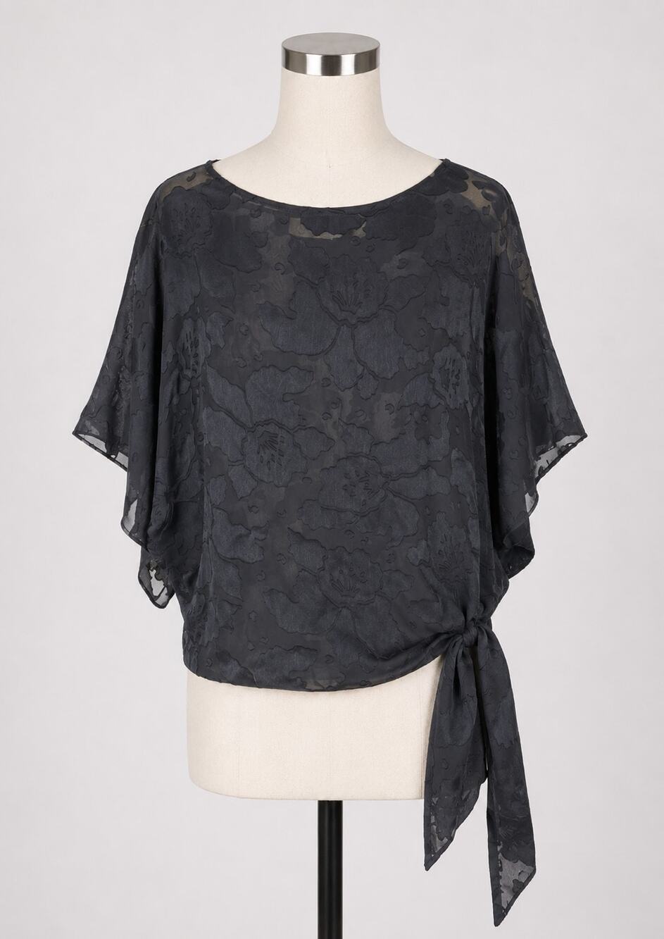 Vintage Sheer Black Top 1980s Cropped Embossed Flowers Ties Oversized